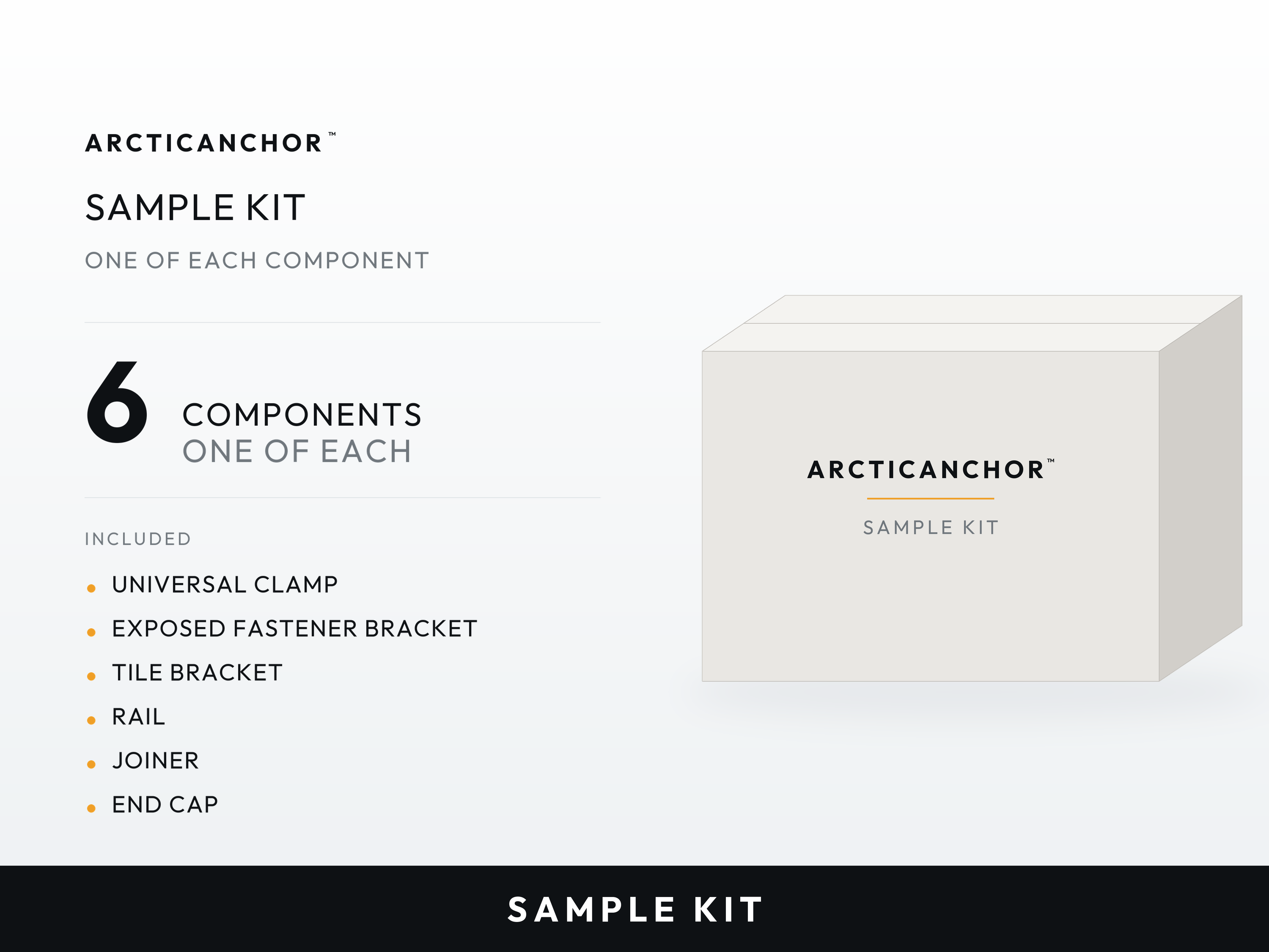 ArcticAnchor Sample Kit box containing one of each of six core components: universal clamp, exposed fastener bracket, tile bracket, rail, joiner, and end cap