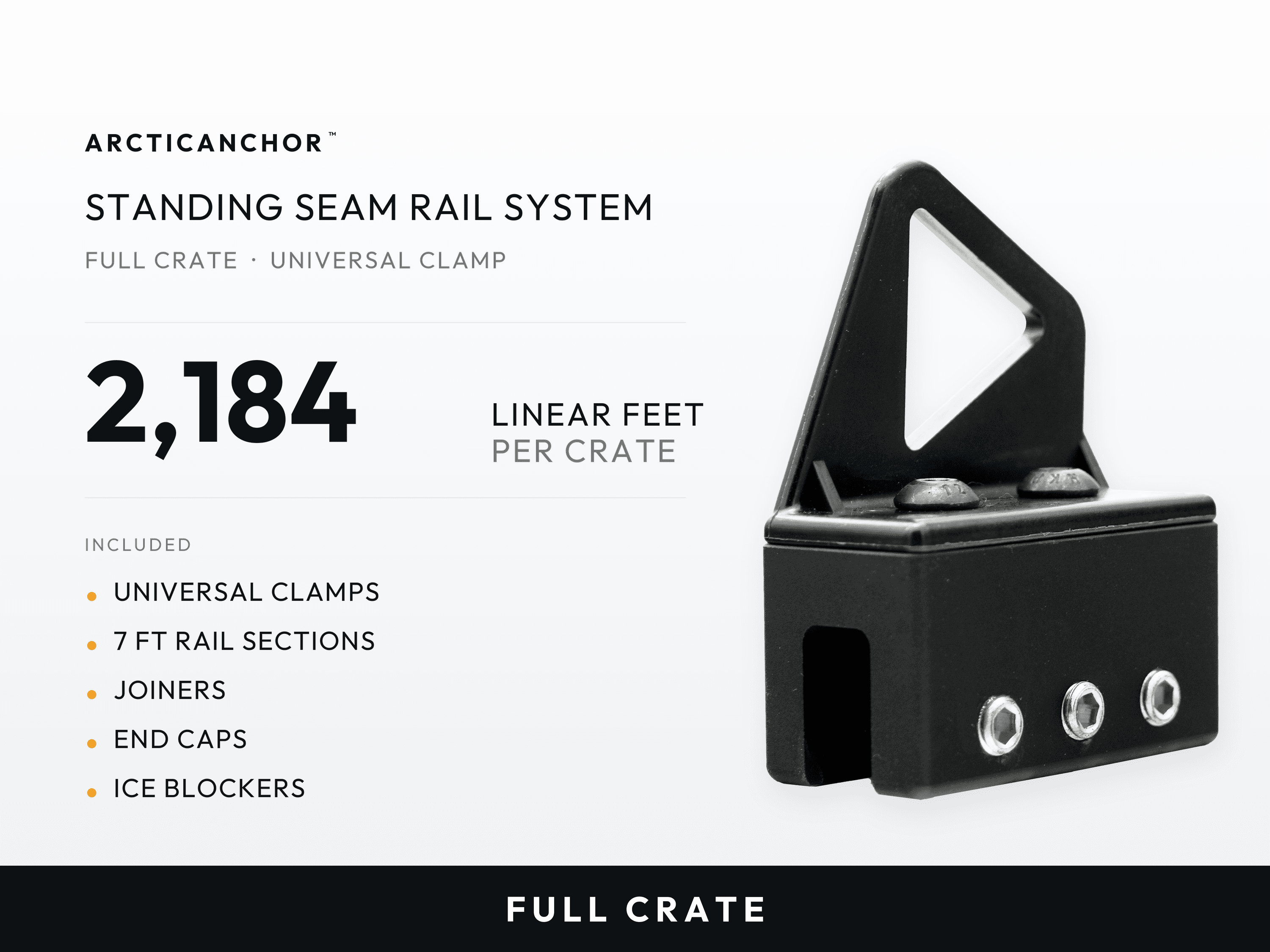 ArcticAnchor Standing Seam Rail System Full Crate with Universal Clamp, 2,184 linear feet per crate, including universal clamps, 7 ft rail sections, joiners, and caps