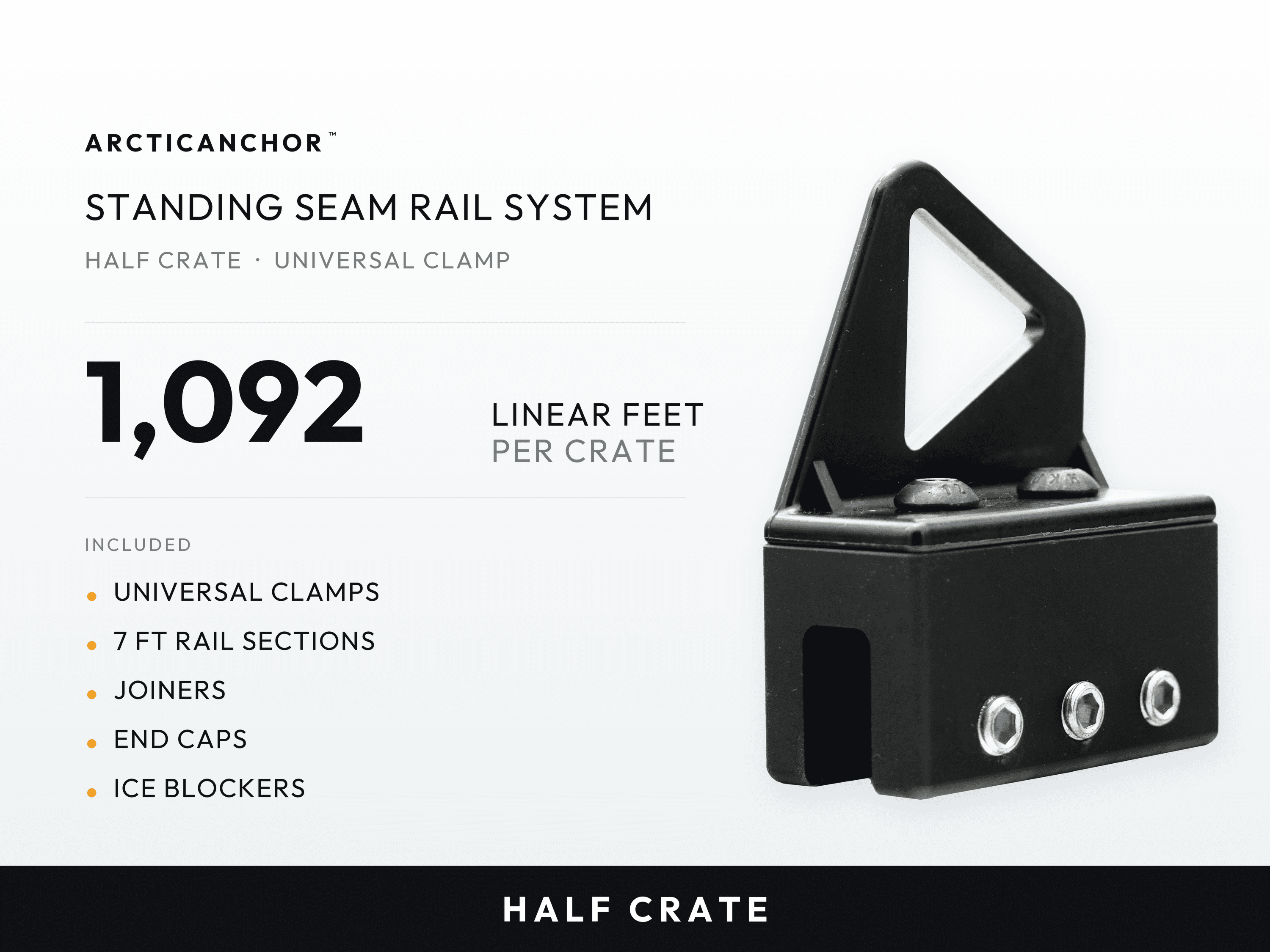 ArcticAnchor Standing Seam Rail System Half Crate with Universal Clamp, 1,092 linear feet per crate, including universal clamps, 7 ft rail sections, joiners, and caps