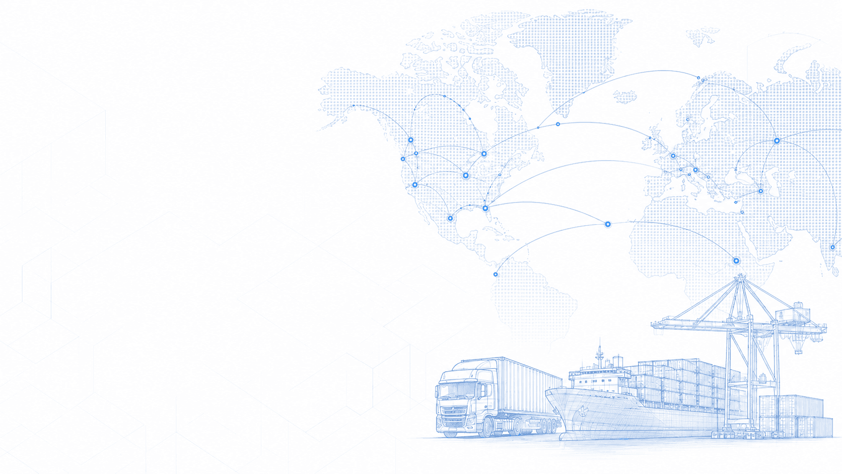 Illustration of a global distribution network, showing a delivery truck, cargo ship, and shipping crane connected by trade routes across a world map