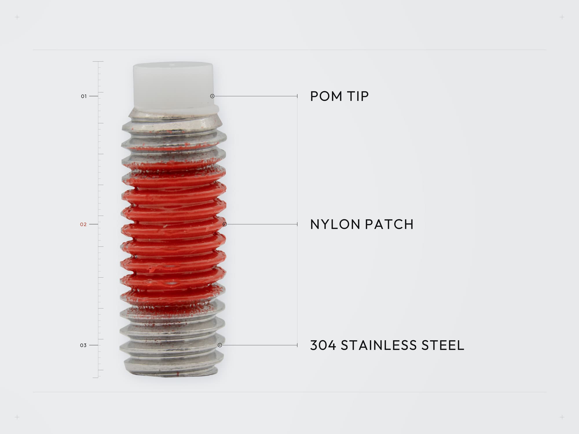 ArcticAnchor POM-tipped fastener with nylon locking patch and 304 stainless steel body, used for non-penetrating standing seam clamp attachment